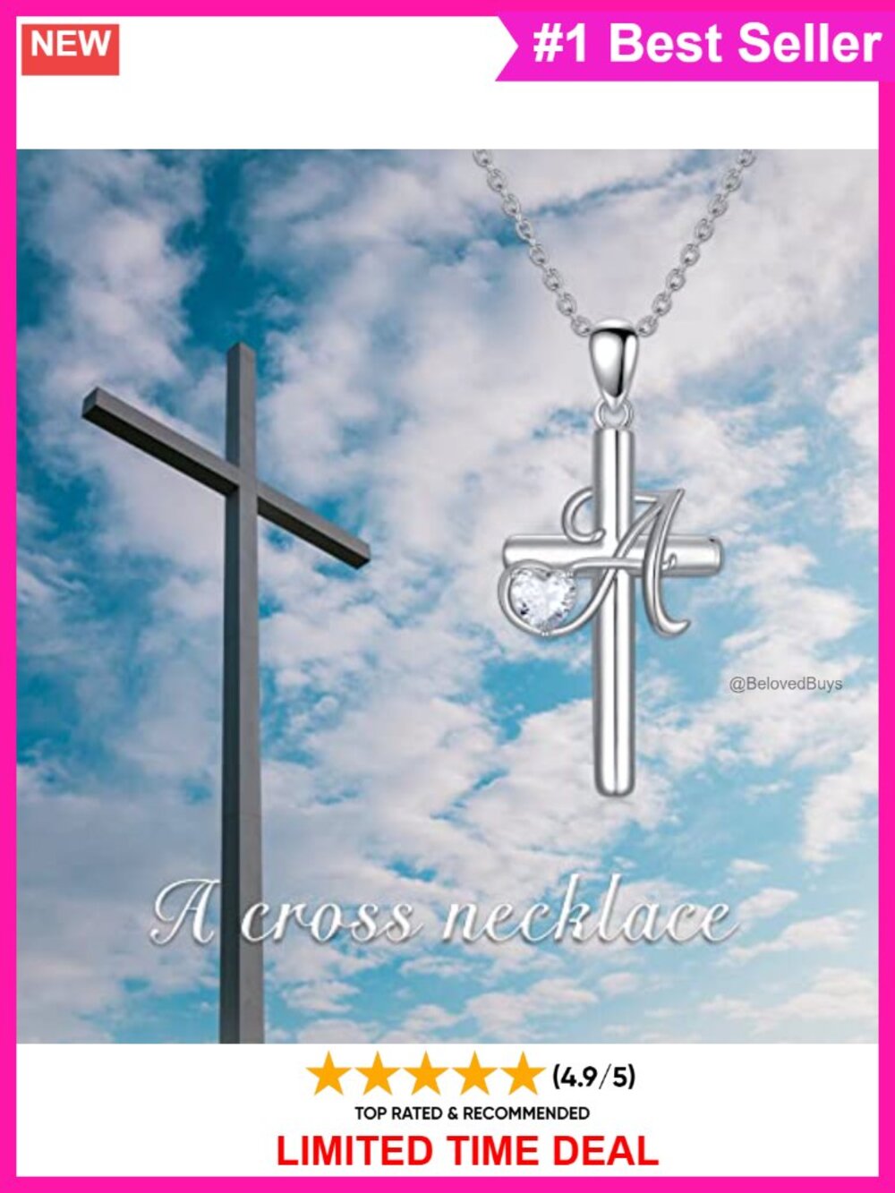 925 Sterling Silver Initial Cross Necklace Cubic Zirconia Pendant - Picture 4 of 6